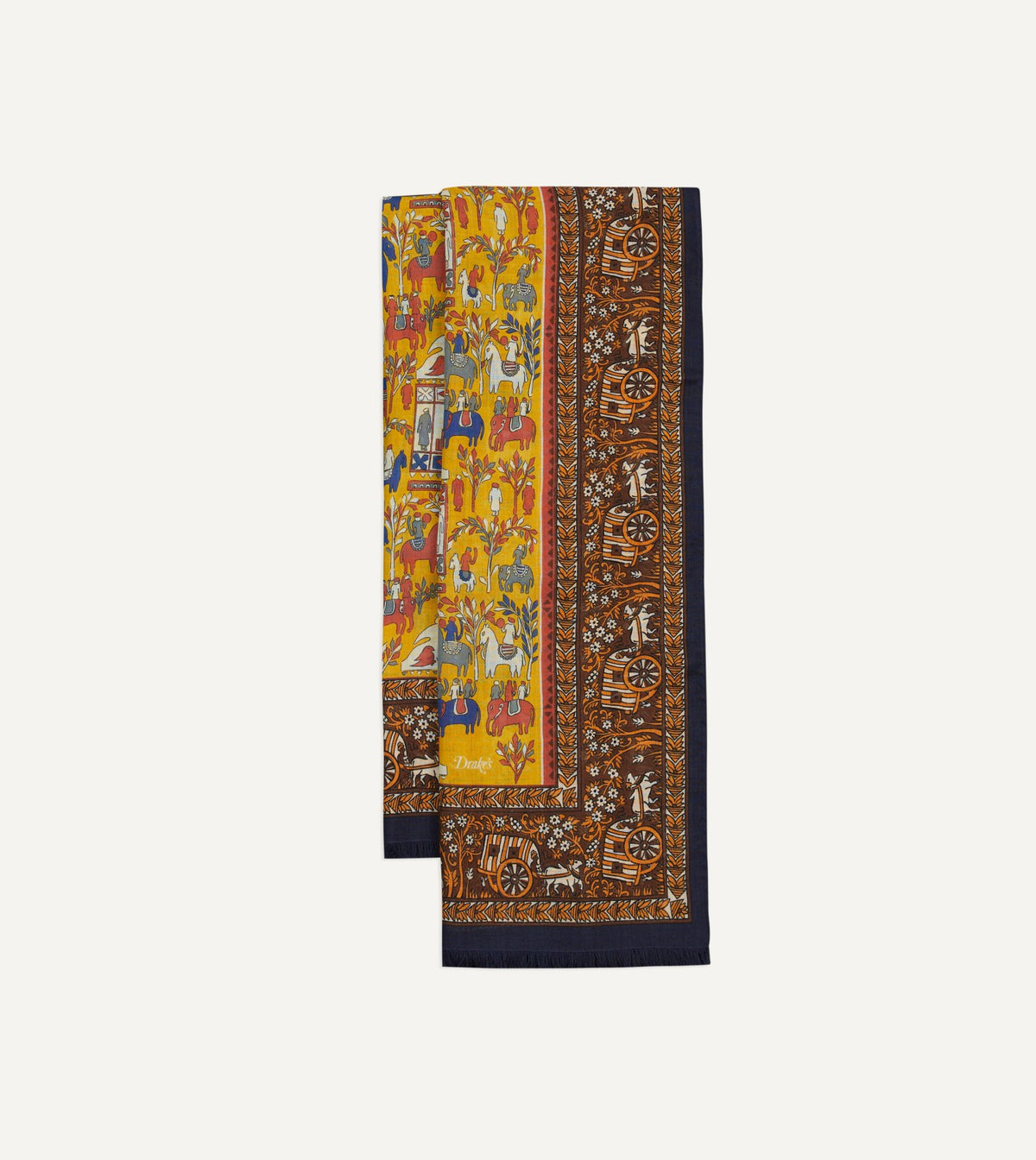 Drake's Yellow Elephant Village Print Wool-Silk Scarf