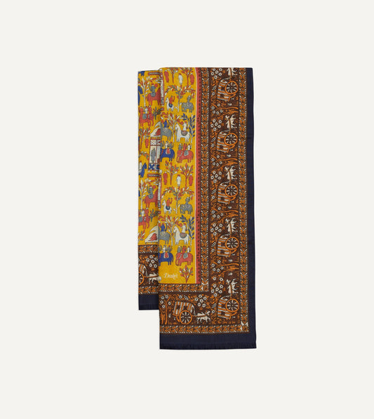 Drake's Yellow Elephant Village Print Wool-Silk Scarf