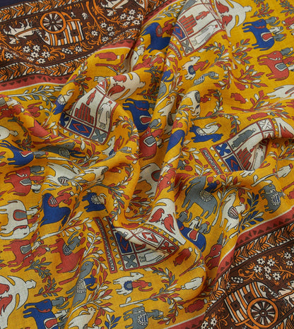 Drake's Yellow Elephant Village Print Wool-Silk Scarf