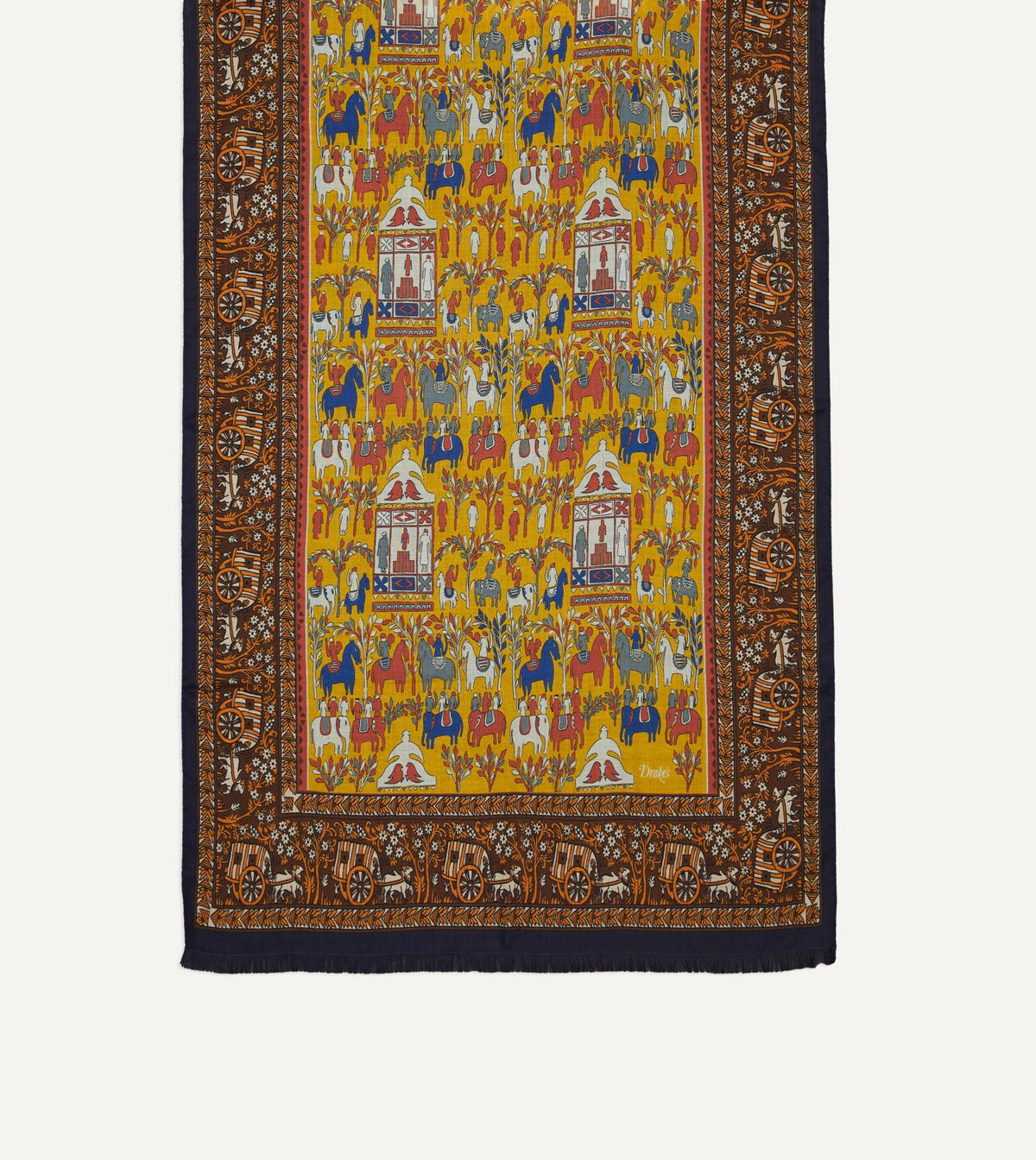 Drake's Yellow Elephant Village Print Wool-Silk Scarf