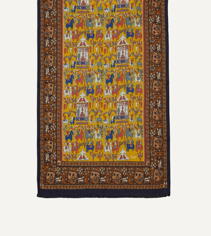 Drake's Yellow Elephant Village Print Wool-Silk Scarf