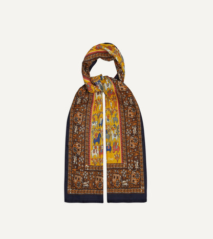 Drake's Yellow Elephant Village Print Wool-Silk Scarf