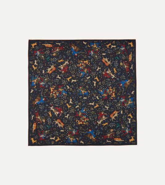 Drake's Navy Mughal Print Wool-Silk Square Scarf