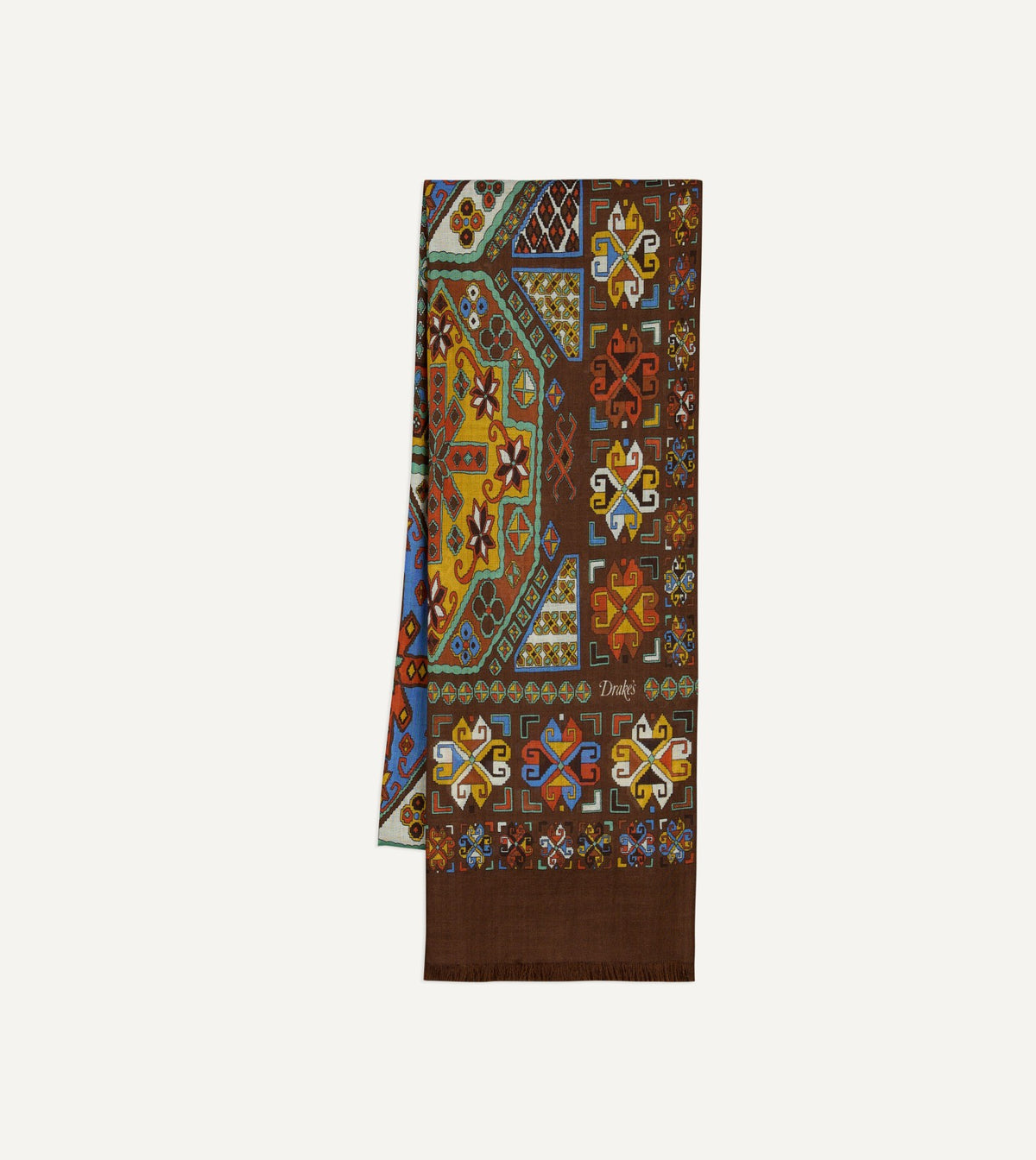 Drake's Brown Carpet Print Tubular Wool-Silk Scarf