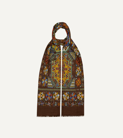 Drake's Brown Carpet Print Tubular Wool-Silk Scarf