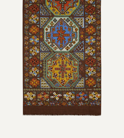 Drake's Brown Carpet Print Tubular Wool-Silk Scarf