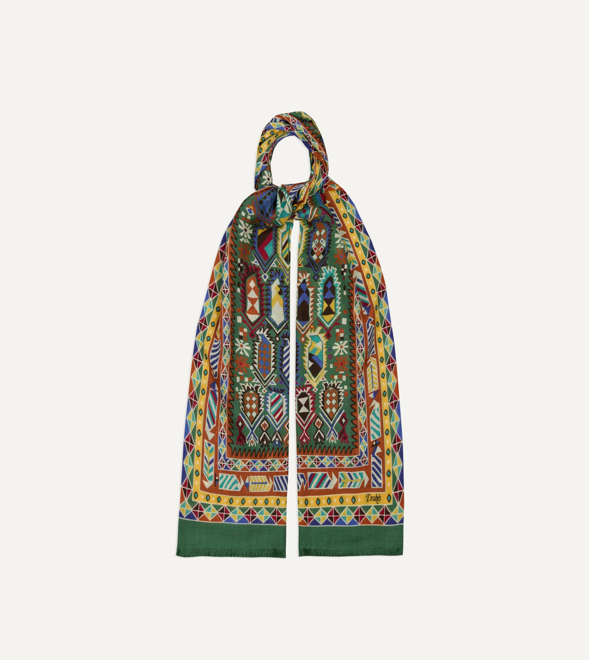 Drake's Olive Rug Print Tubular Wool-Silk Scarf