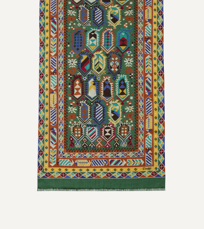 Drake's Olive Rug Print Tubular Wool-Silk Scarf