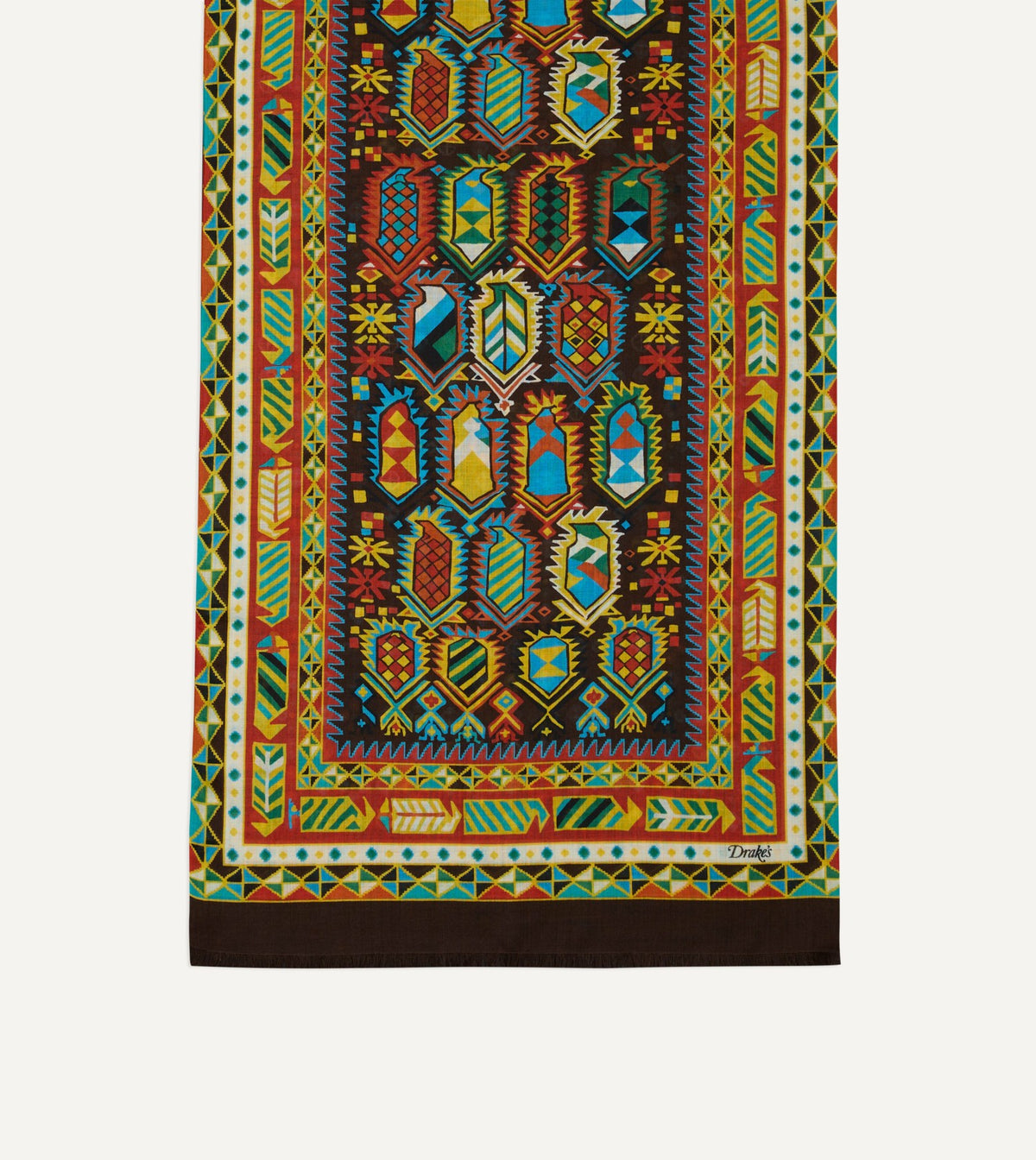 Drake's Brown Rug Print Tubular Wool-Silk Scarf