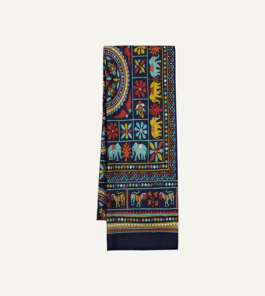 Drake's Navy Elephants and Flowers Print Wool-Silk Scarf