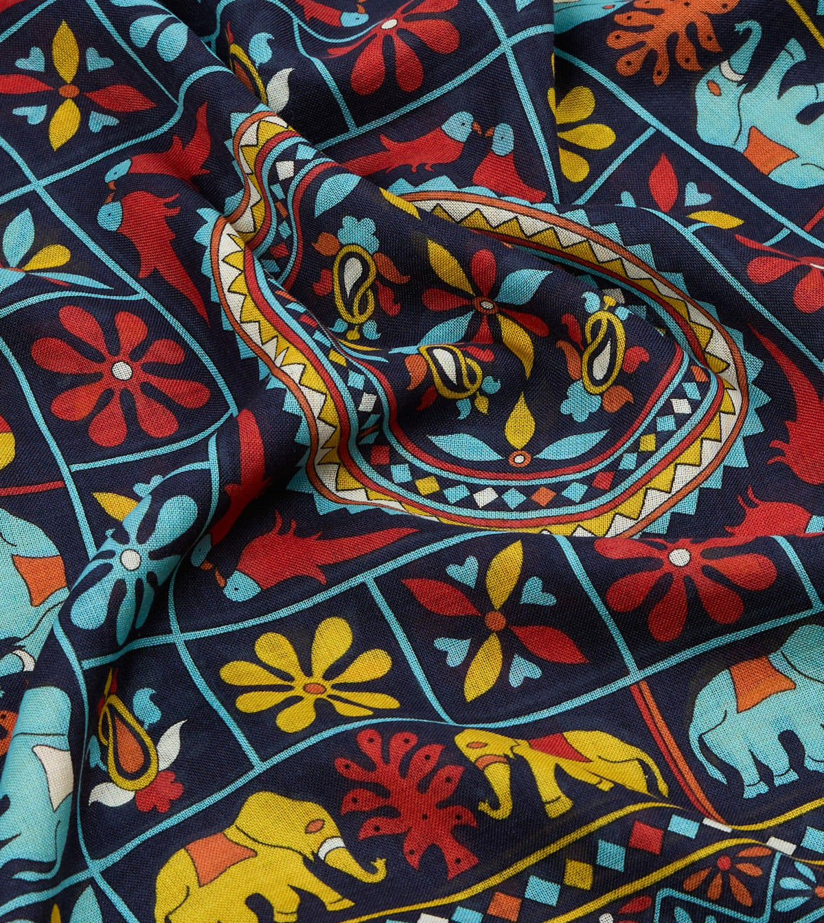 Drake's Navy Elephants and Flowers Print Wool-Silk Scarf