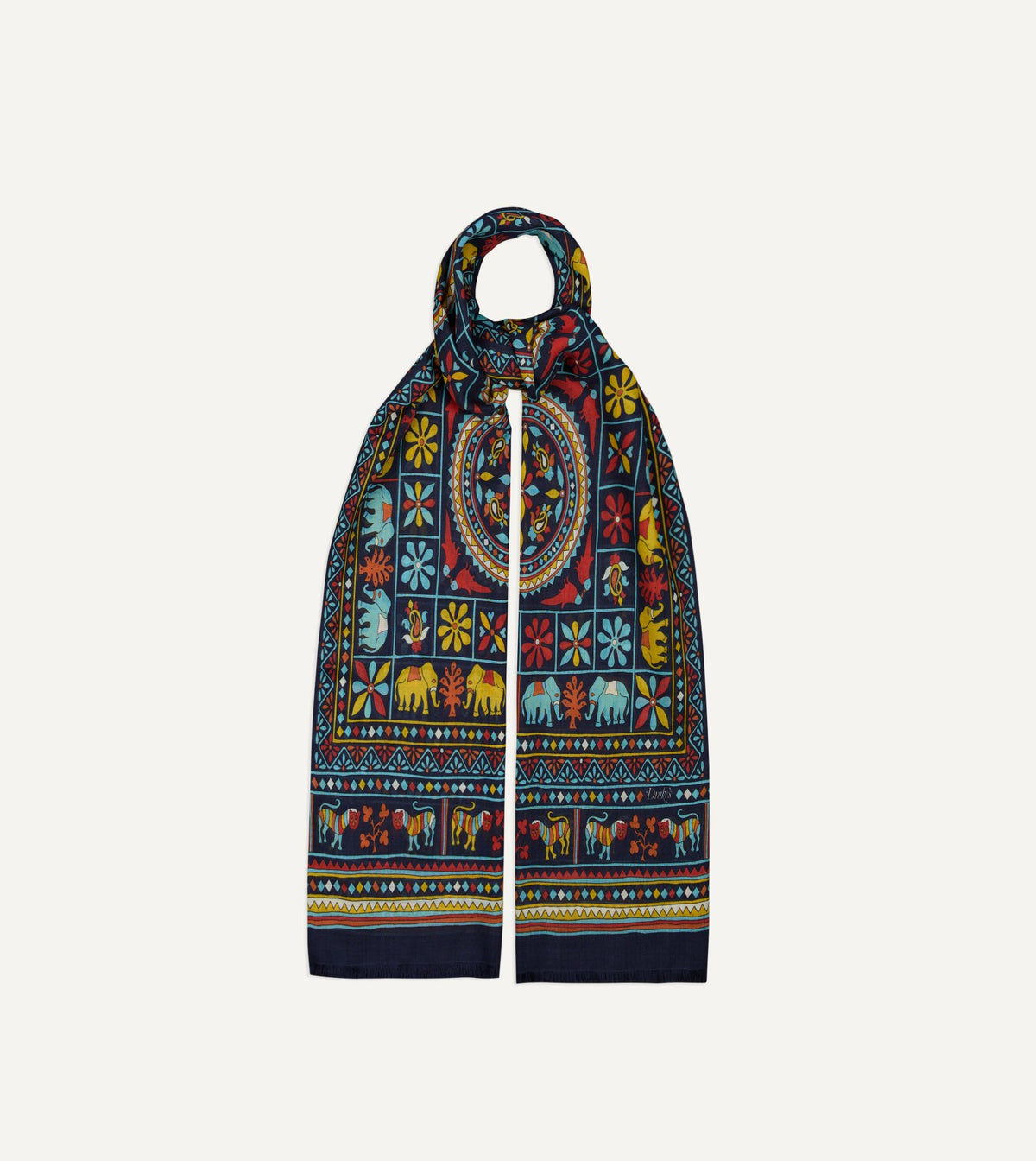 Drake's Navy Elephants and Flowers Print Wool-Silk Scarf