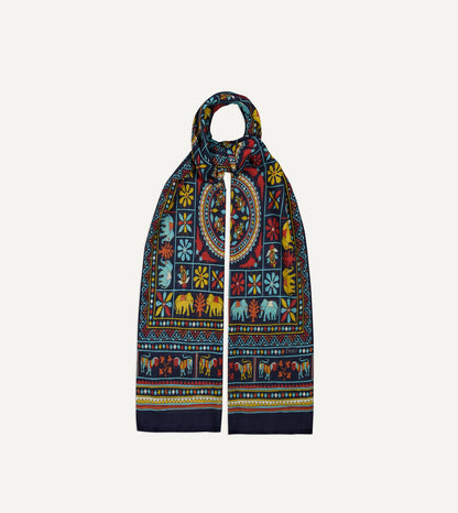 Drake's Navy Elephants and Flowers Print Wool-Silk Scarf