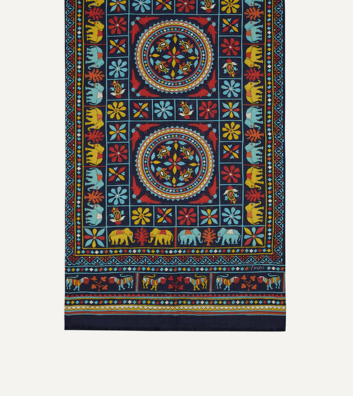 Drake's Navy Elephants and Flowers Print Wool-Silk Scarf