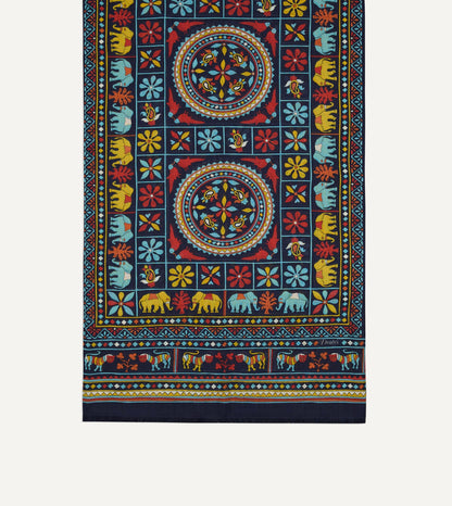 Drake's Navy Elephants and Flowers Print Wool-Silk Scarf