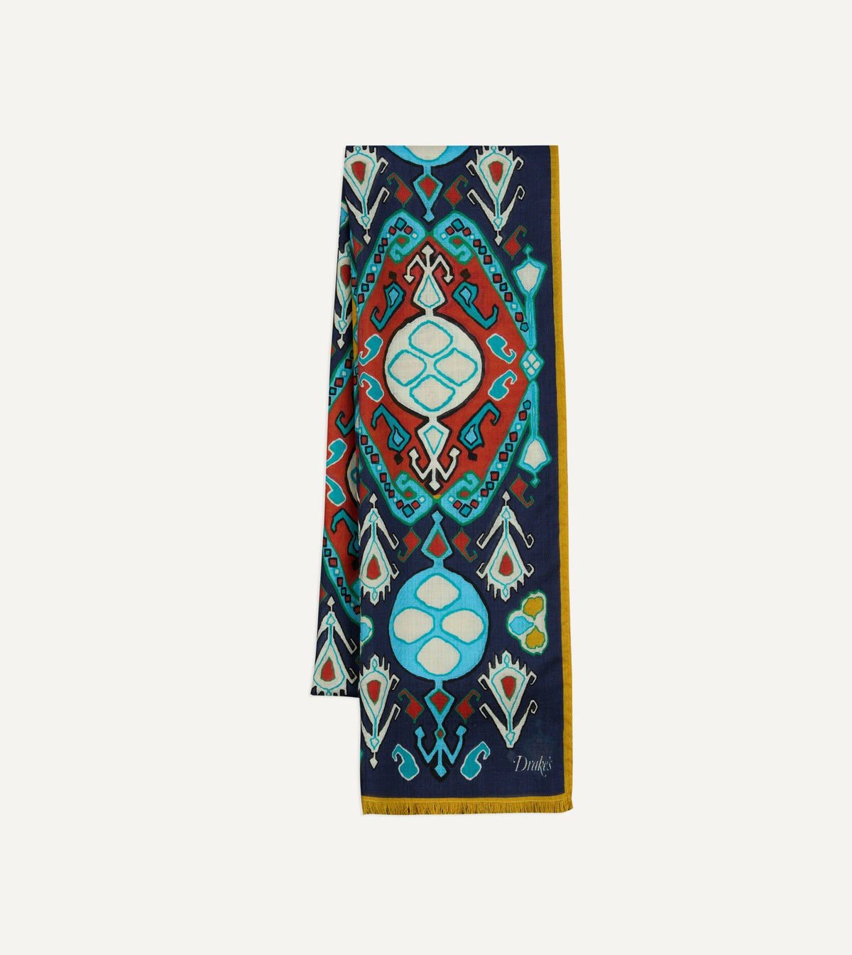 Drake's Navy Tapestry Print Wool Silk Scarf