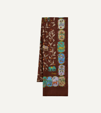 Drake's Brown Loose Animal Print Wool-Silk Scarf