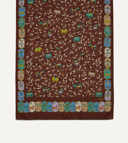 Drake's Brown Loose Animal Print Wool-Silk Scarf