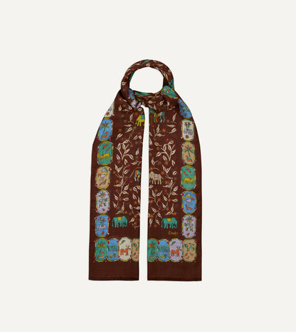 Drake's Brown Loose Animal Print Wool-Silk Scarf