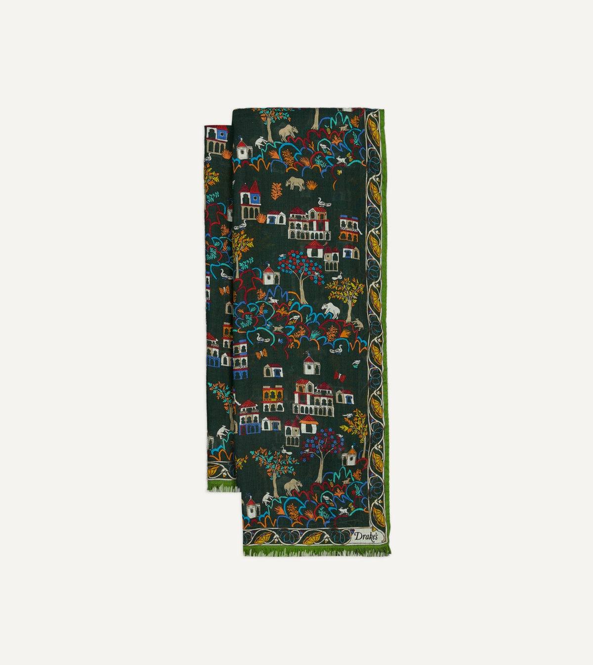 Drake's Green Antique Village Print Wool Silk Scarf