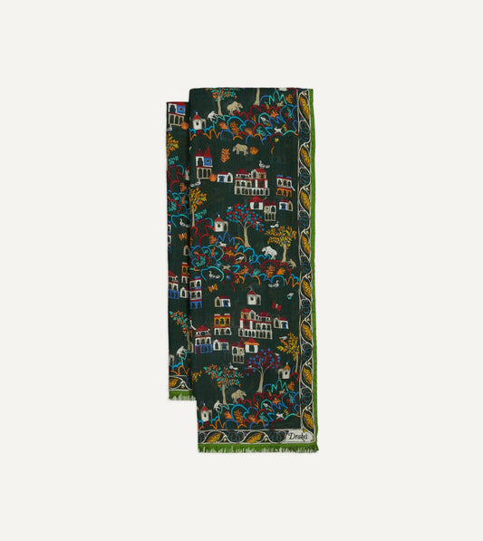 Drake's Green Antique Village Print Wool Silk Scarf