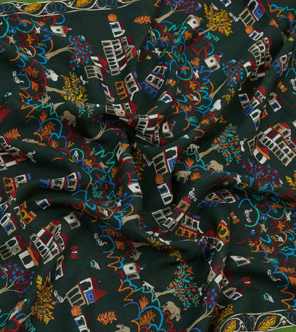 Drake's Green Antique Village Print Wool Silk Scarf