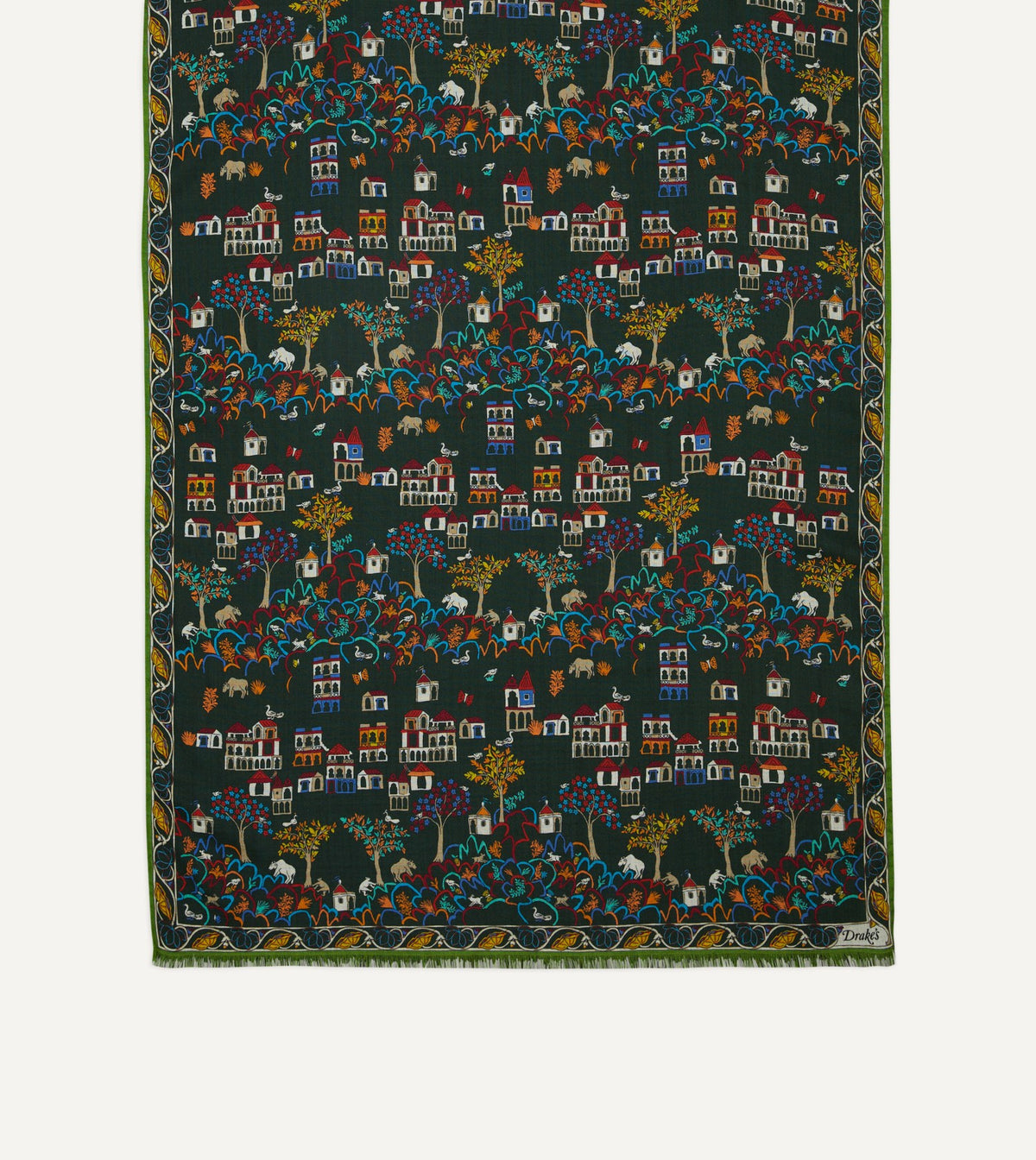 Drake's Green Antique Village Print Wool Silk Scarf