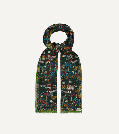 Drake's Green Antique Village Print Wool Silk Scarf