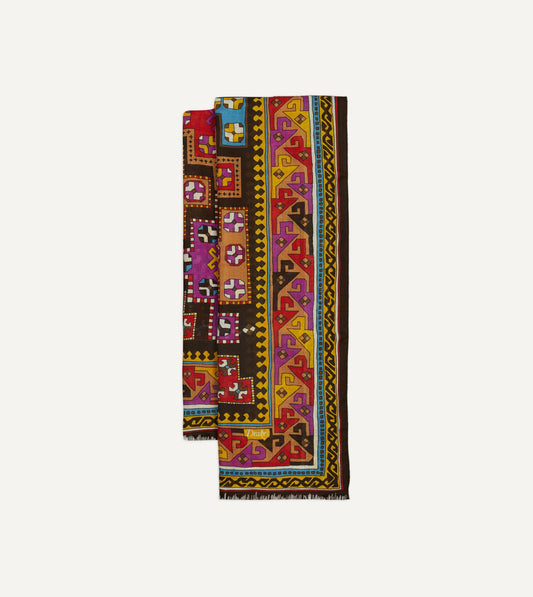 Drake's Brown Kilim Print Wool-Silk Scarf