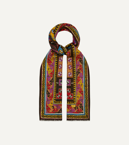 Drake's Brown Kilim Print Wool-Silk Scarf