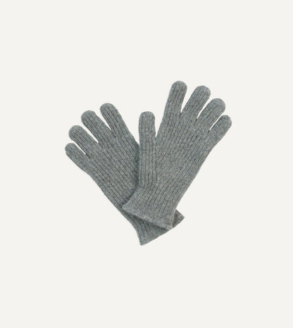 Drake's Grey Lambswool Ribbed Knitted Gloves