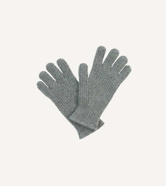 Drake's Grey Lambswool Ribbed Knitted Gloves