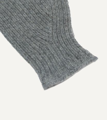 Drake's Grey Lambswool Ribbed Knitted Gloves