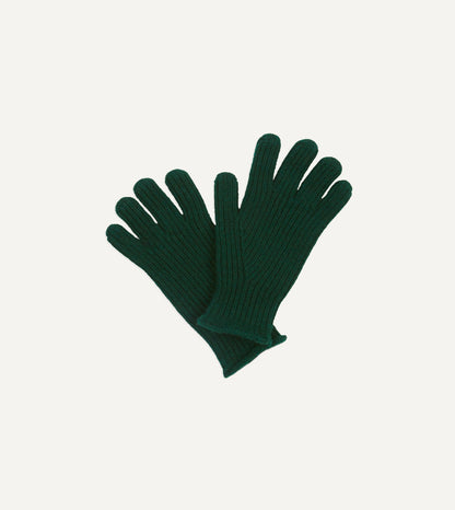 Drake's Dark Green Lambswool Ribbed Knitted Gloves