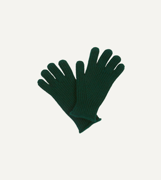 Drake's Dark Green Lambswool Ribbed Knitted Gloves