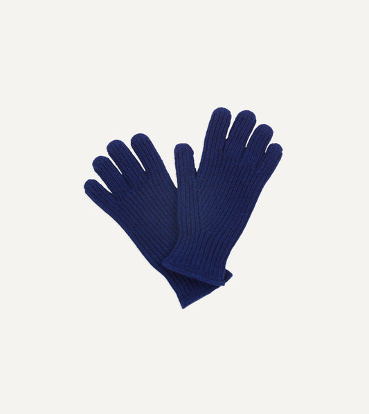 Drake's Navy Lambswool Ribbed Knitted Gloves